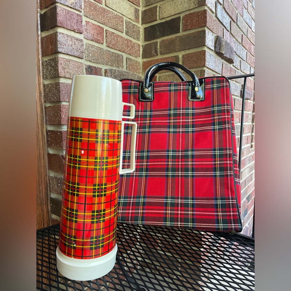 Vintage Red Plaid THERMOS Travel Picnic Set Canvas Bag King Seeley 1973 70's